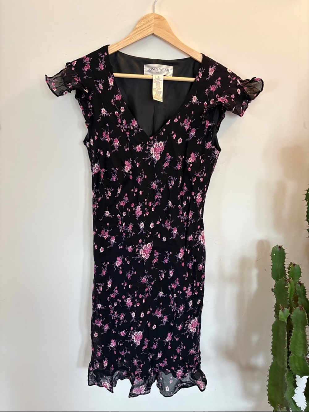 Vintage Jones Wear Black Midi Dress with Pink Floral Print